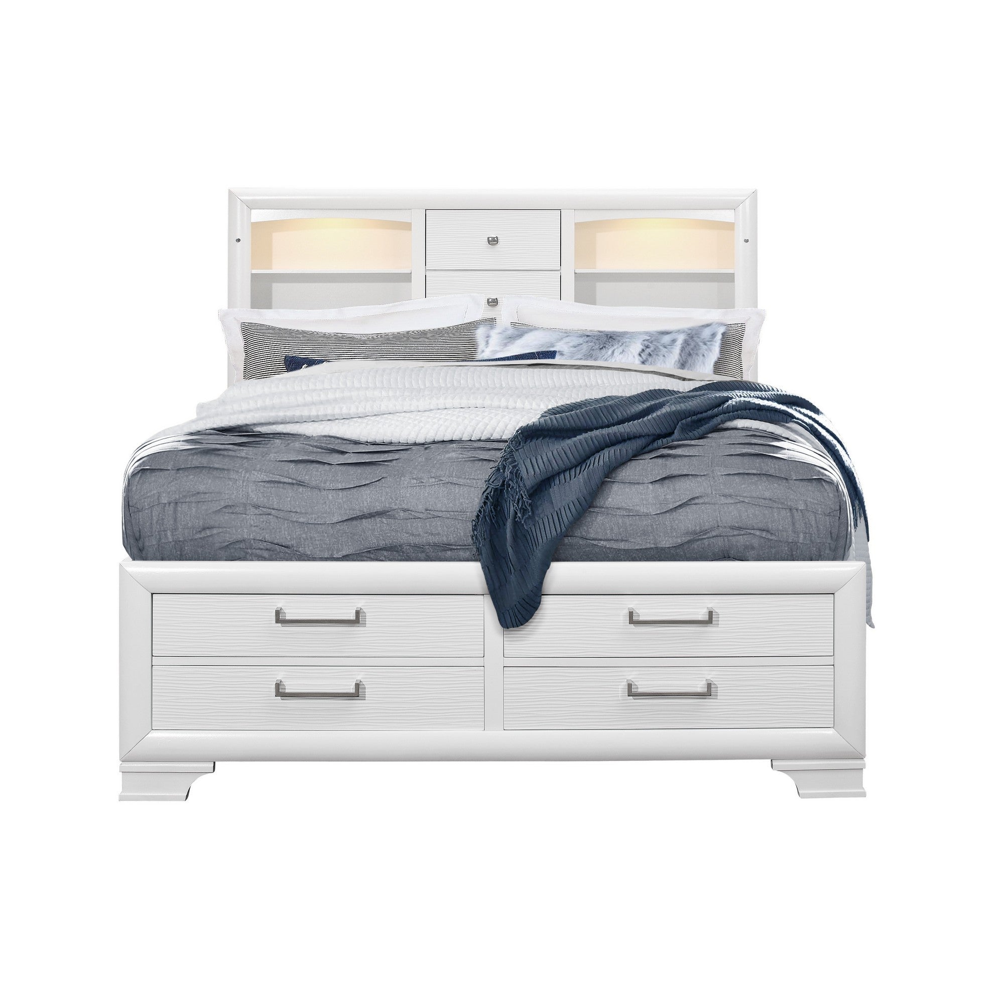 White Rubberwood King Bed With Bookshelves Headboard  Led Lightning  6 Drawers