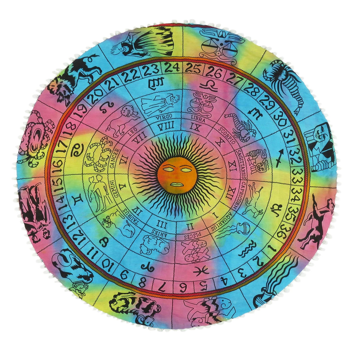 32 X 32 Blue And Pink Round Horoscope Fabric Floor Throw Pillow Cover with Pompoms