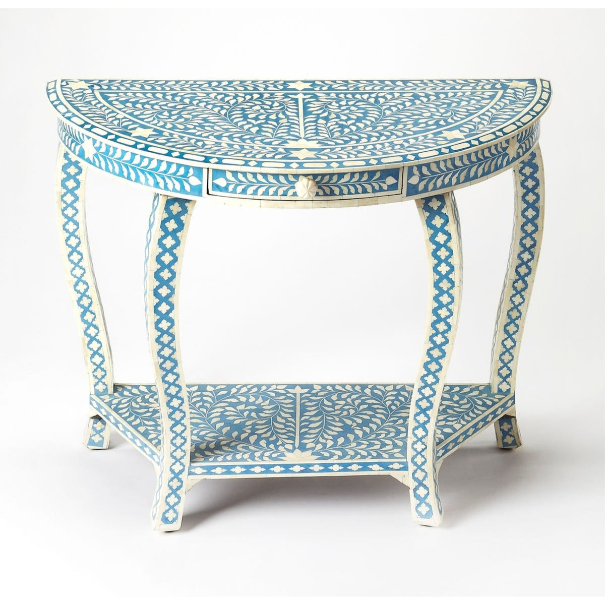 Stunning Demilune Console Table With Blue Bone Inlays  Handcrafted Merranti Wood  Small Drawer & Display Shelf  Perfect For L