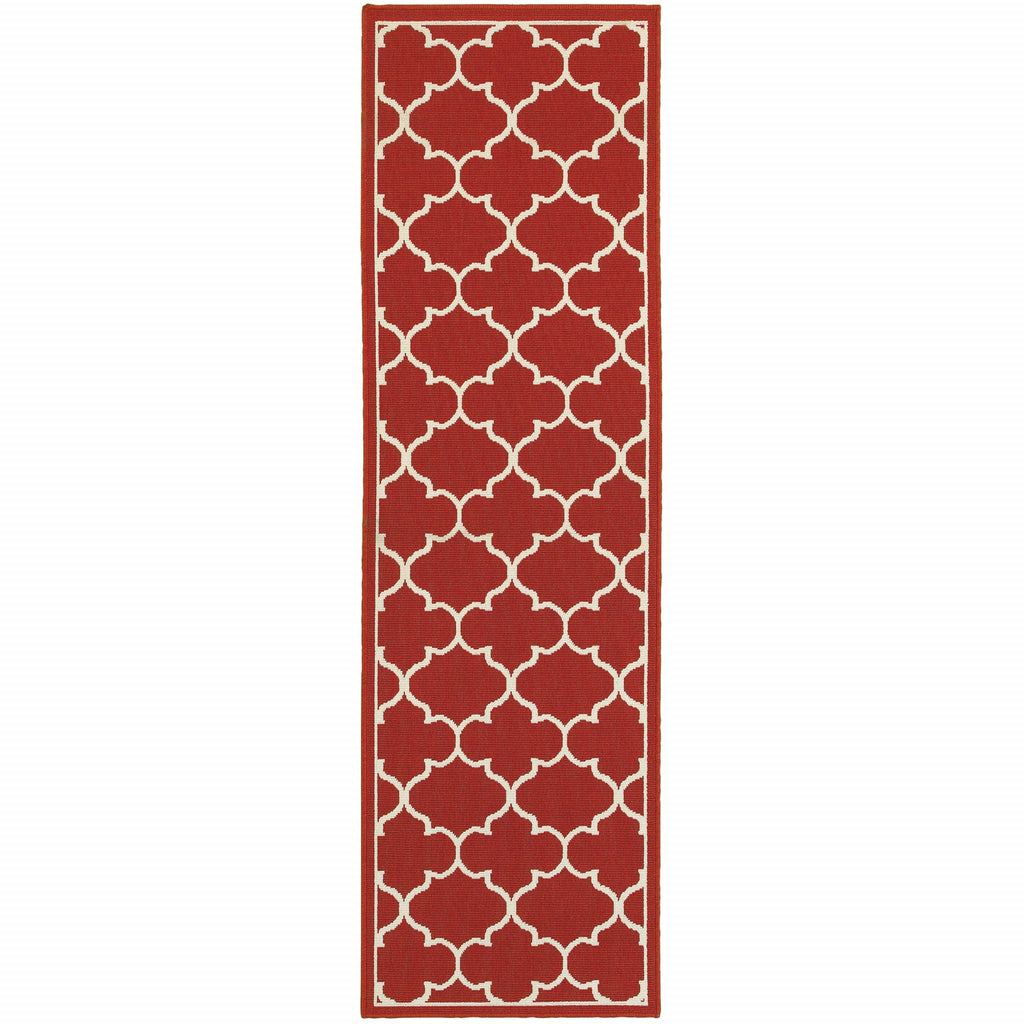 HomeRoots Polypropylene 2’x8’ Red and Ivory Trellis Indoor Outdoor Runner Rug