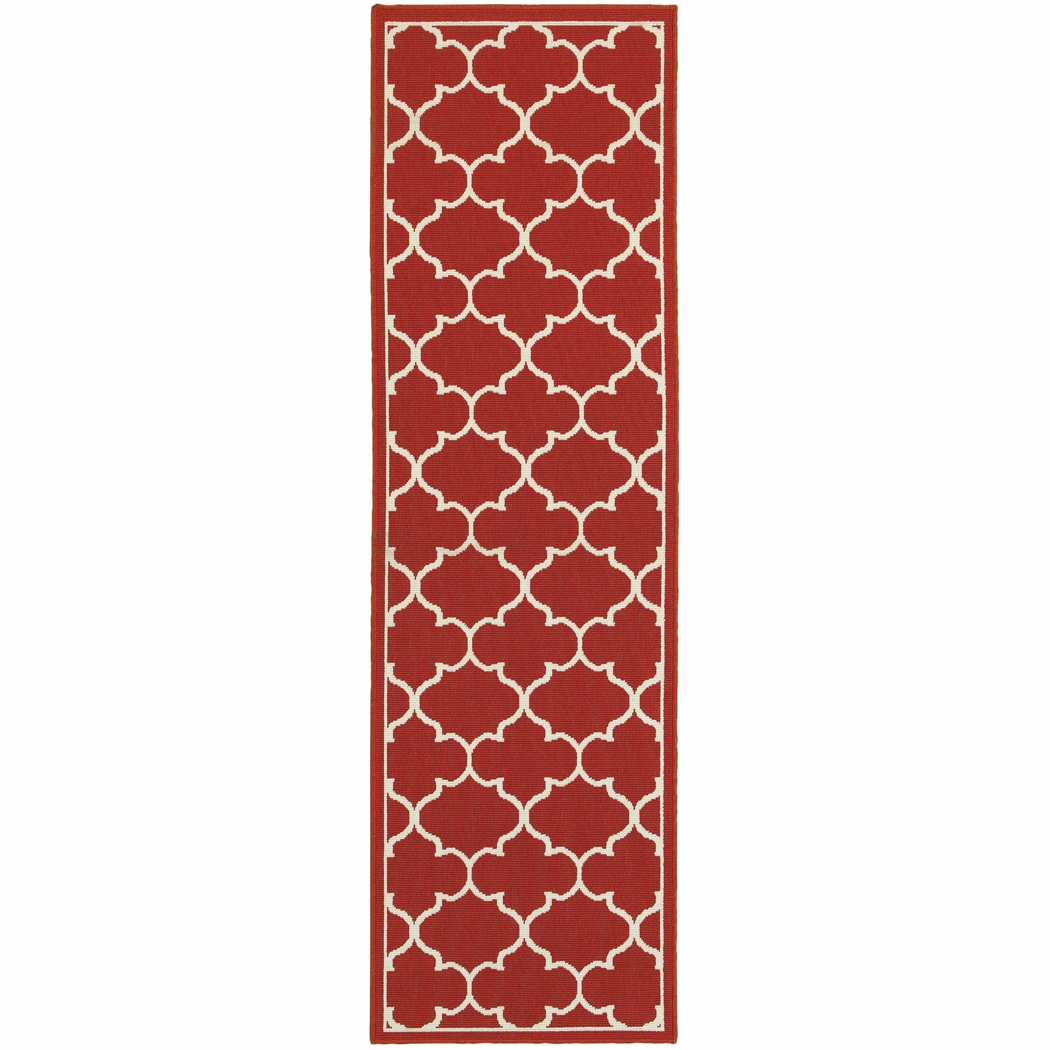 HomeRoots Polypropylene 2’x8’ Red and Ivory Trellis Indoor Outdoor Runner Rug