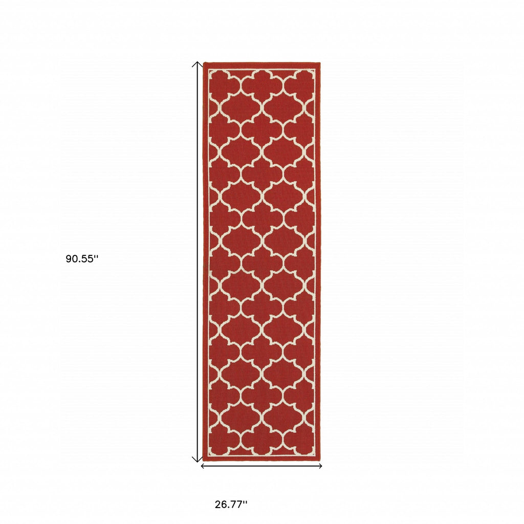 HomeRoots Polypropylene 2’x8’ Red and Ivory Trellis Indoor Outdoor Runner Rug