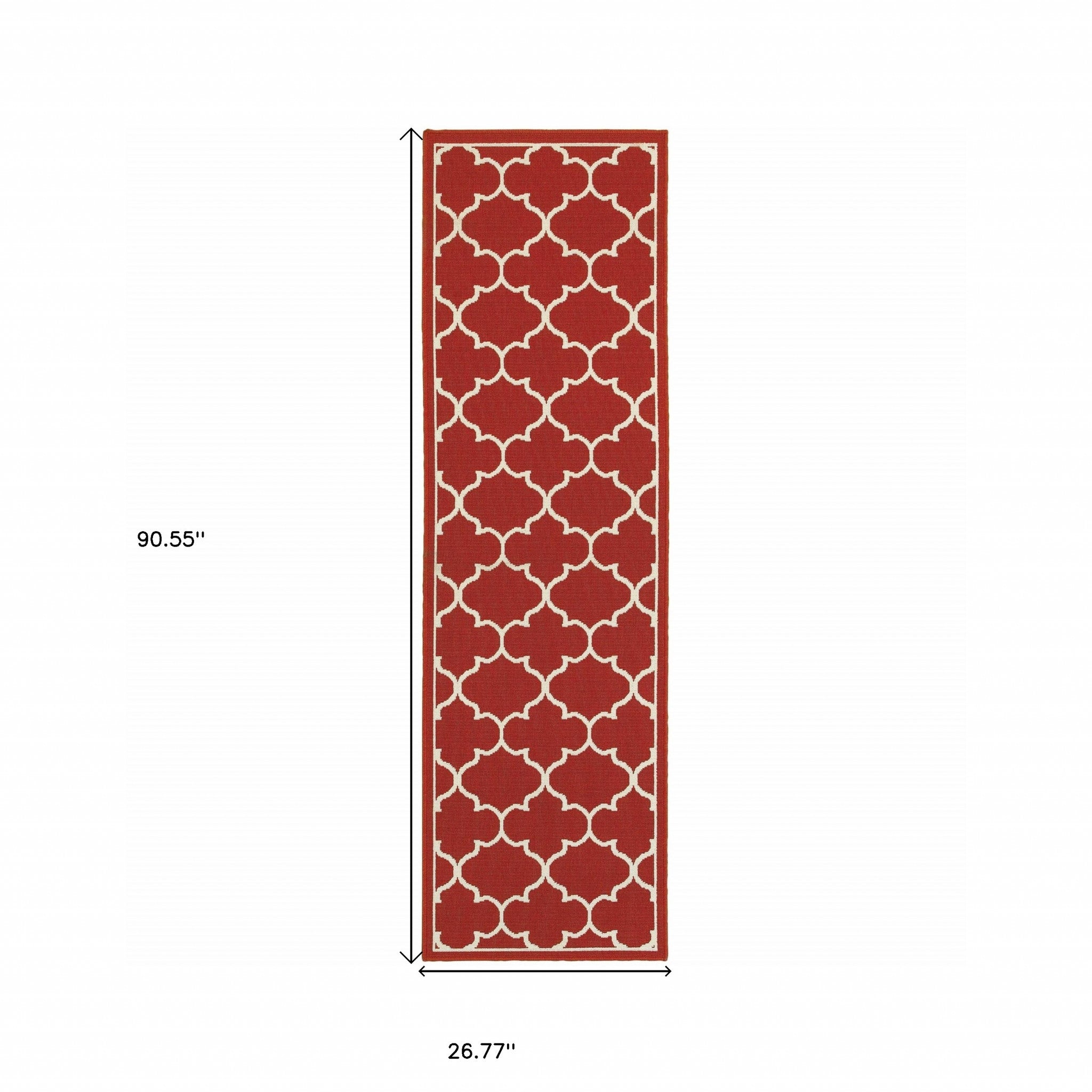 HomeRoots Polypropylene 2’x8’ Red and Ivory Trellis Indoor Outdoor Runner Rug