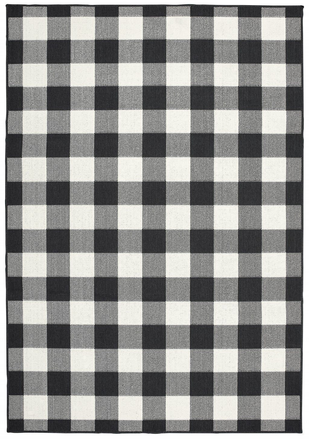 HomeRoots Polypropylene 5’x8’ Black and Ivory Gingham Indoor Outdoor Area Rug