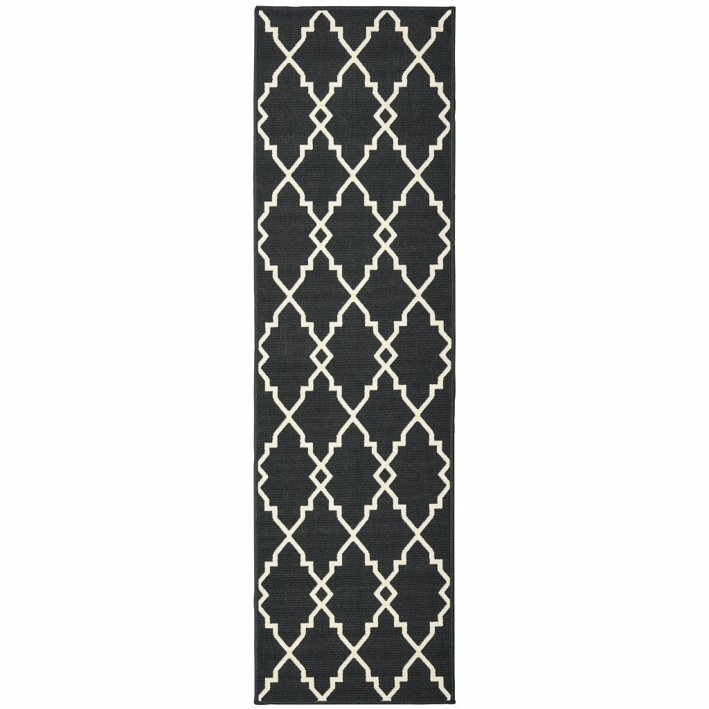 HomeRoots Polypropylene 2’x8’ Black and Ivory Trellis Indoor Outdoor Runner Rug