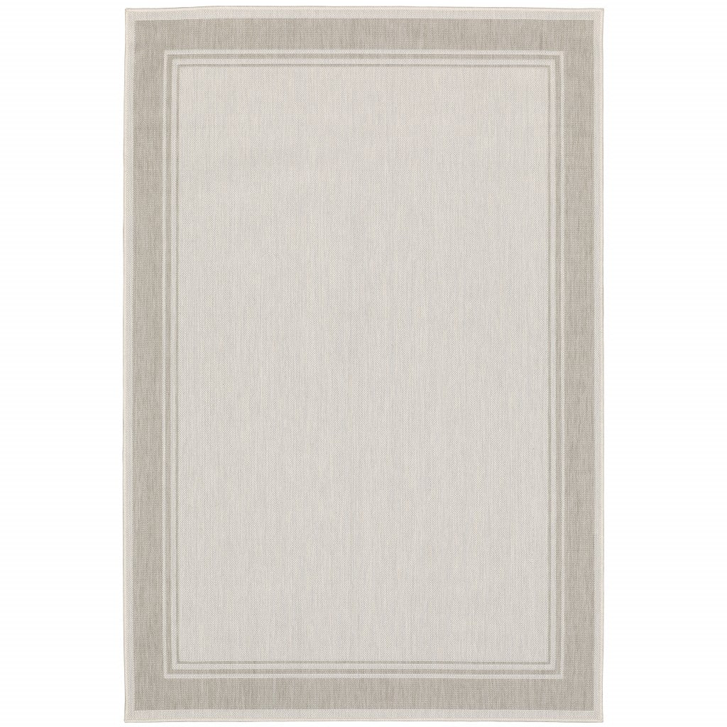 HomeRoots Polypropylene 8’x10’ Ivory and Gray Bordered Indoor Outdoor Area Rug