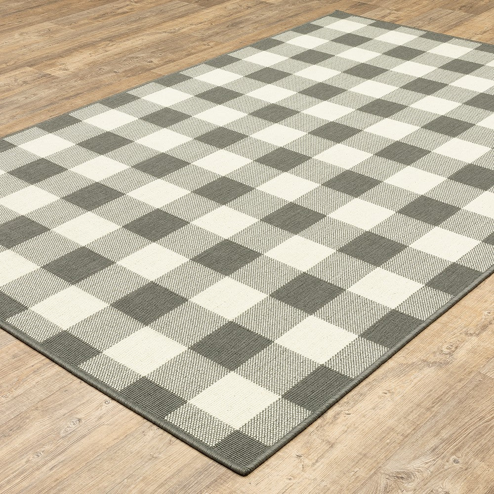 HomeRoots Grey Polypropylene 2’x4’ Gray and Ivory Gingham Indoor Outdoor Area Rug