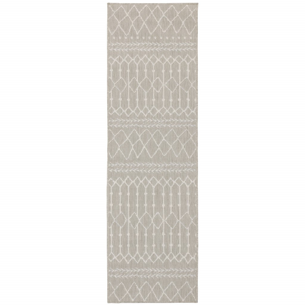 2X7 Gray And Ivory Geometric Indoor Outdoor Runner Rug