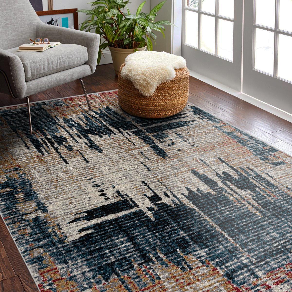 5 X 8 Blue And Red Mod Distressed Area Rug