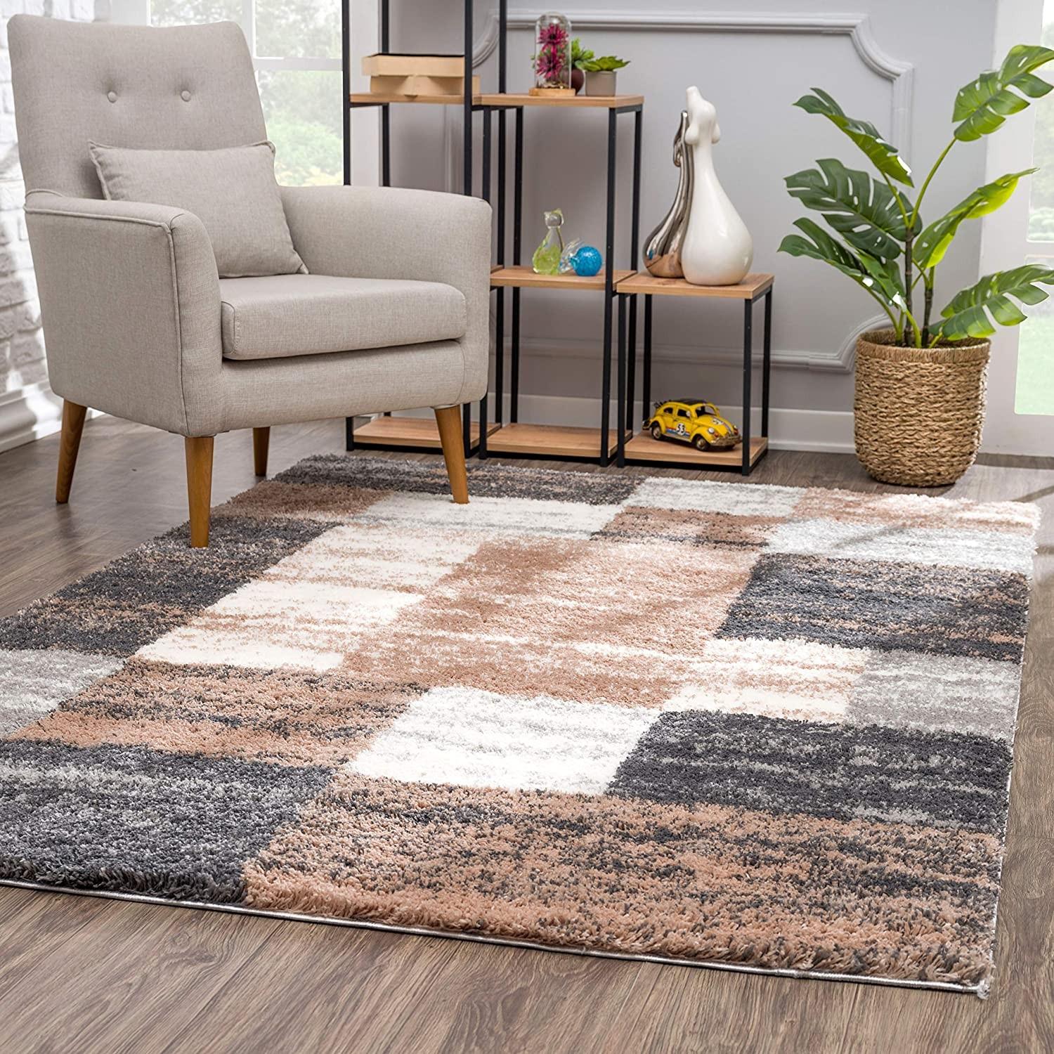 7 X 9 Beige Modern Blocks Area Rug