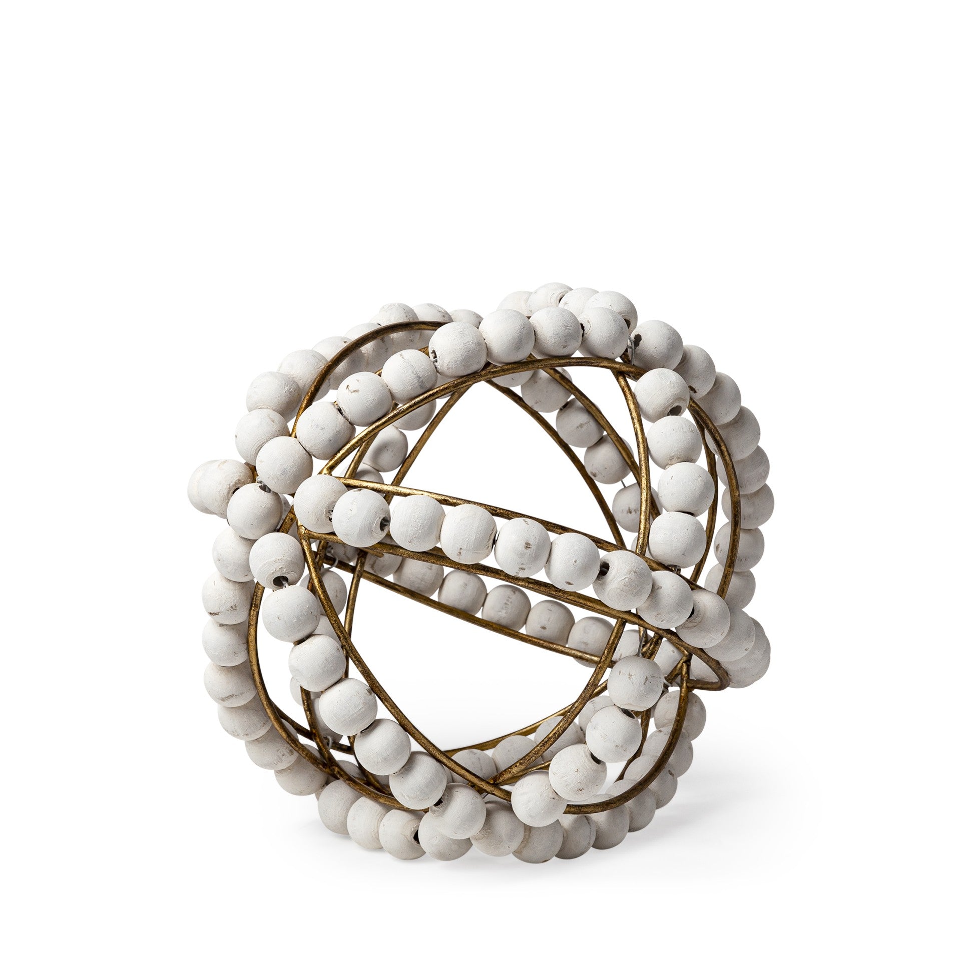 9 White Wooden Bead And Gold Orb Sculpture