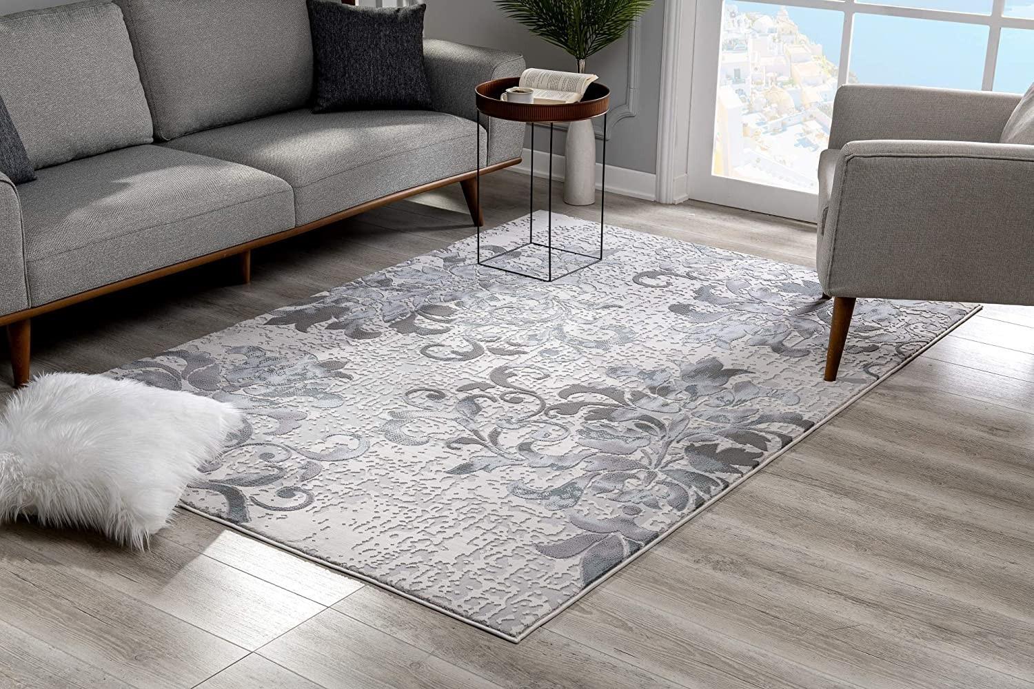 5 X 8 Blue And Gray Floral Filigree Area Rug