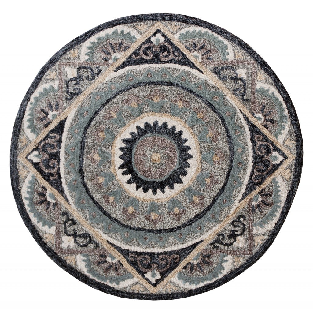 3 Round Gray Geometric Medallion Area Rug
