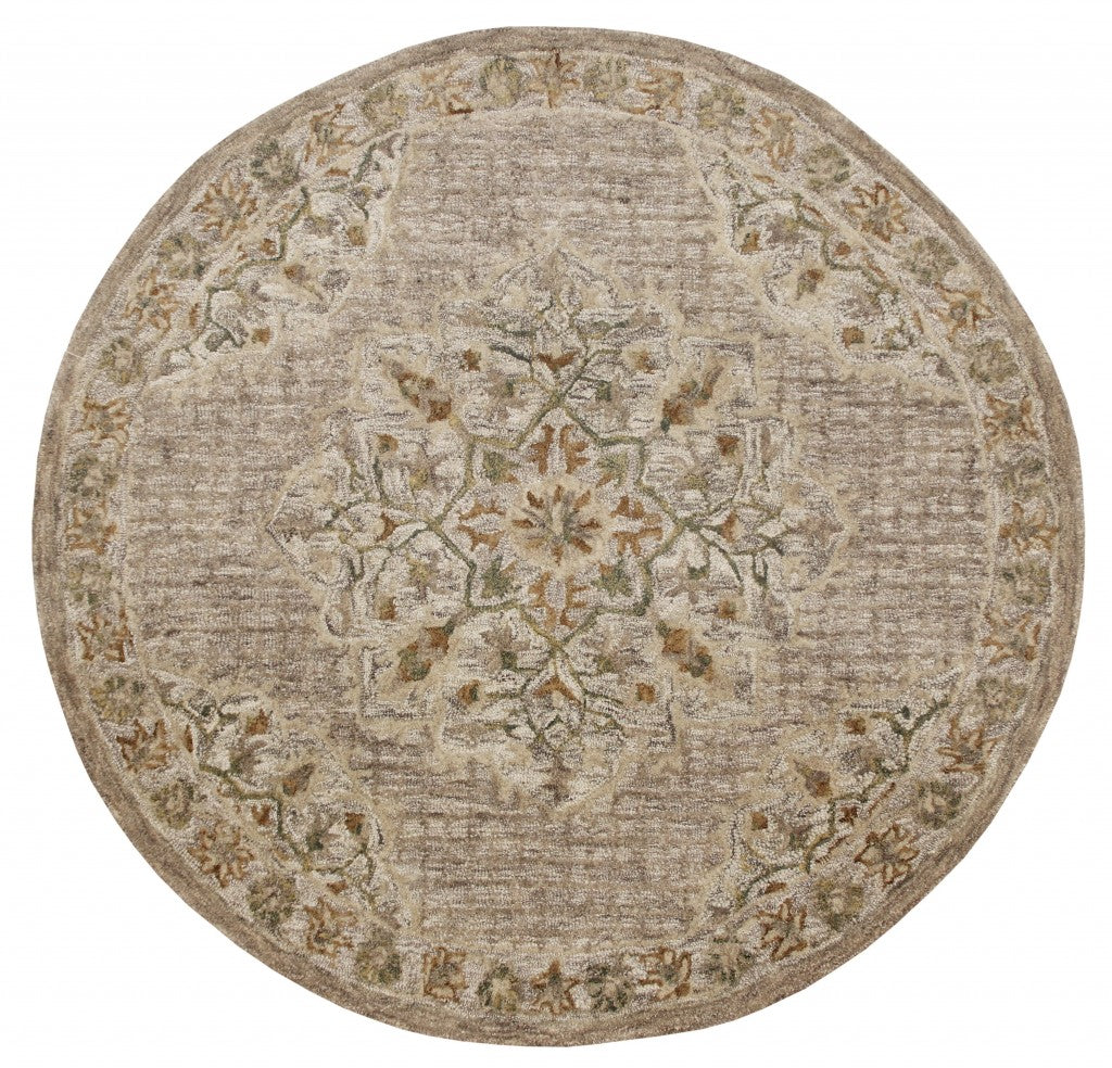 6 Round Beige Distressed Medallion Area Rug