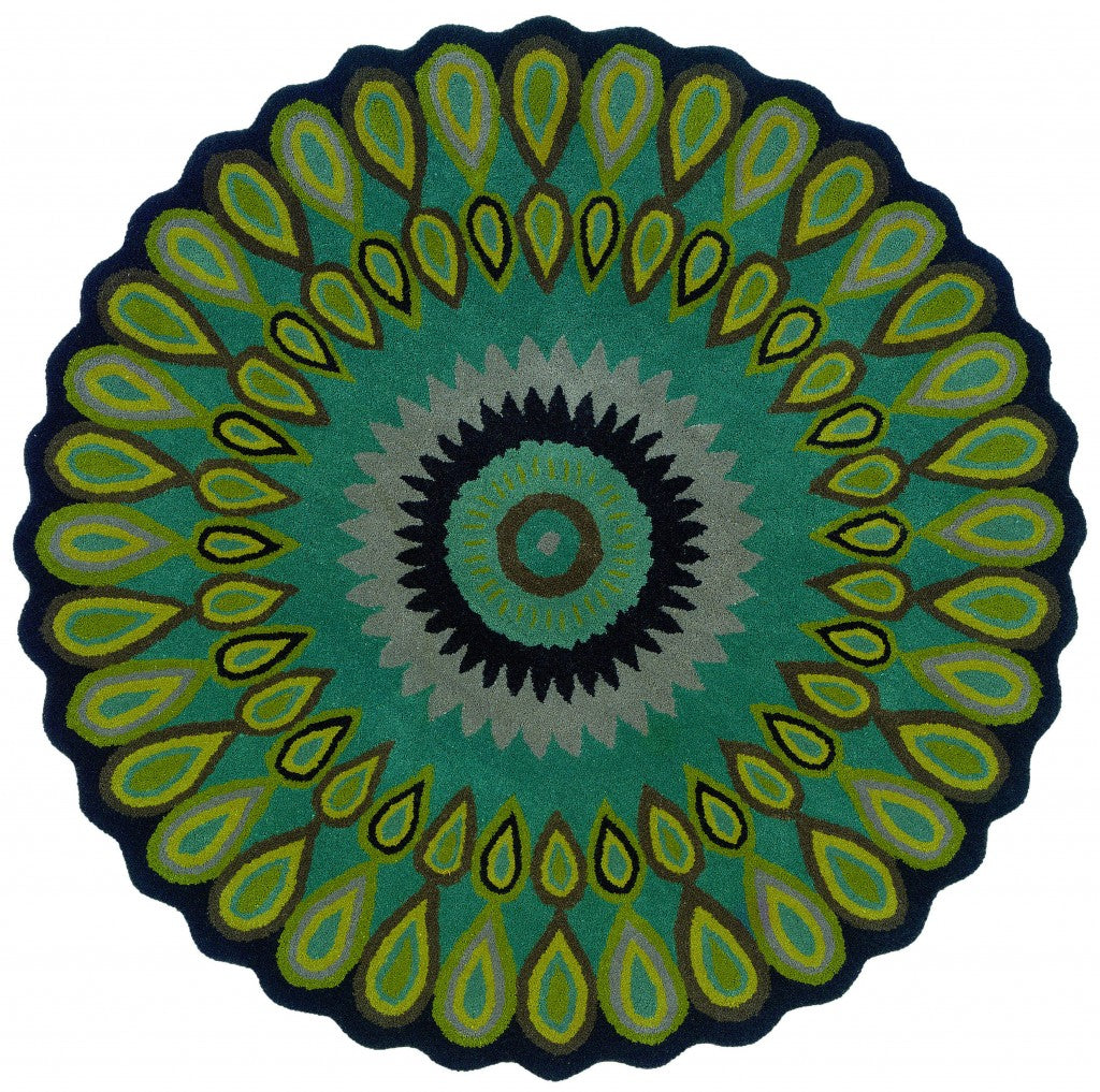 8 Round Green Peacock Feather Area Rug