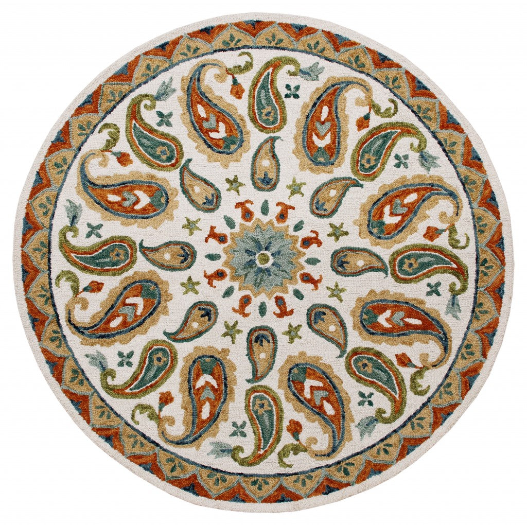 7 Round Orange and White Paisley Area Rug