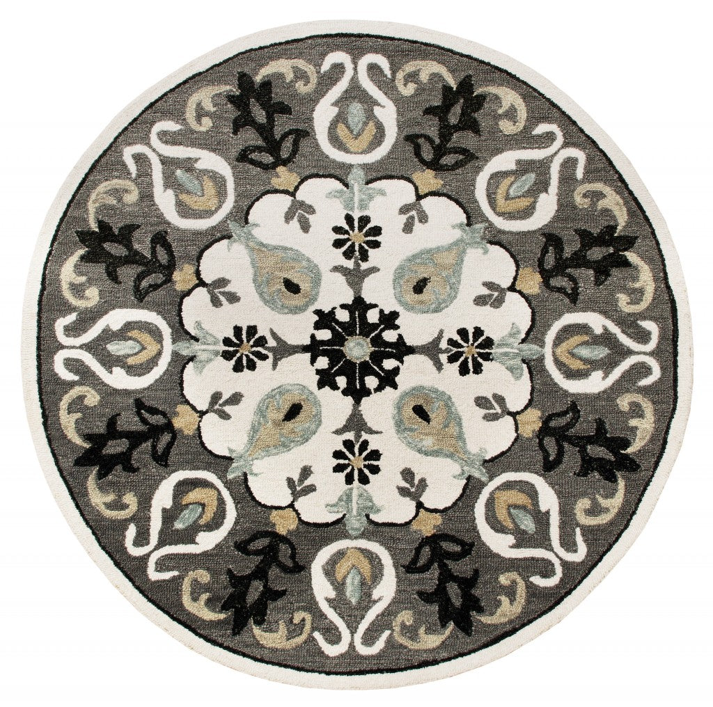 5 Round Gray and White Floral Medallion Area Rug