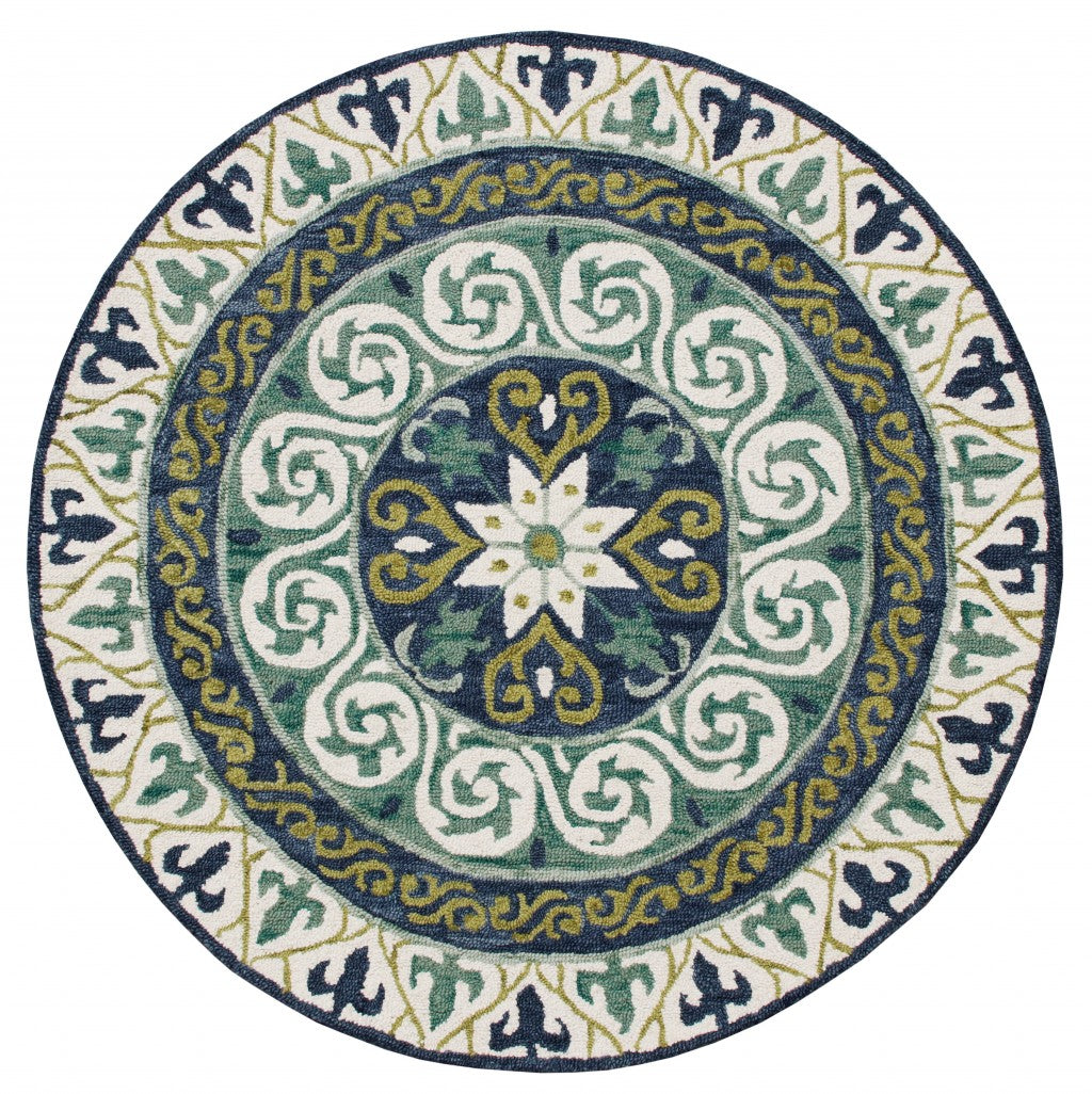 7 Round Blue and Green Ornate Medallion Area Rug