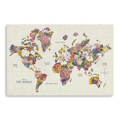 48 x 32 Fun Floral Map of the World Canvas Wall Art