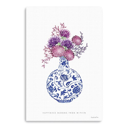 48 x 32 Blue and White Happiness Floral Vase Canvas Wall Art