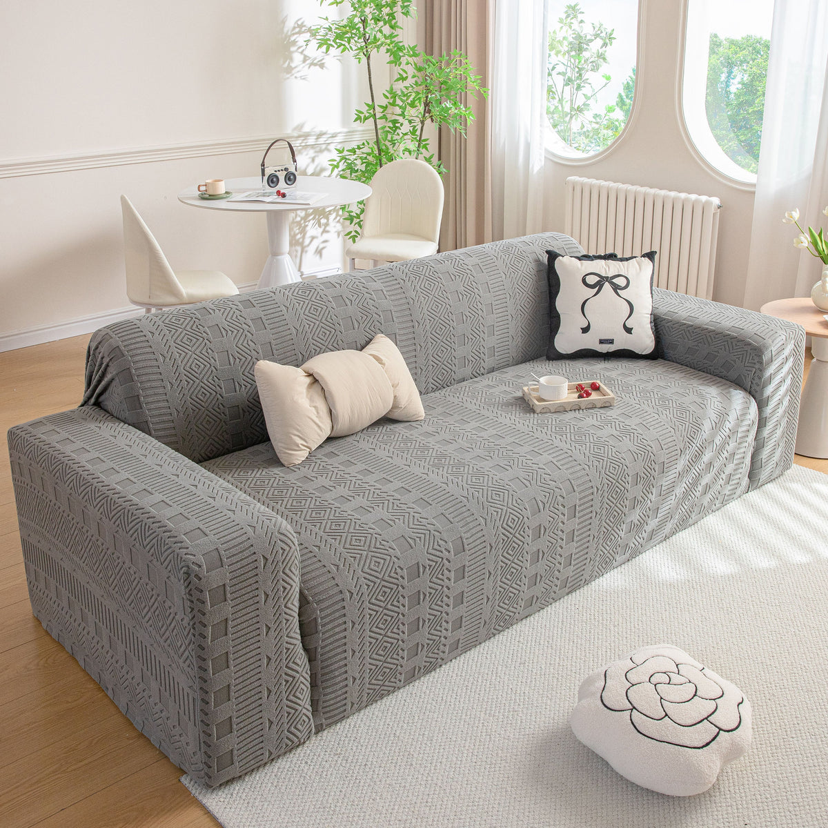 High Stretch Embossed Geometric Slipcover for Couch, Cozy Plush Fleece Couch Cover