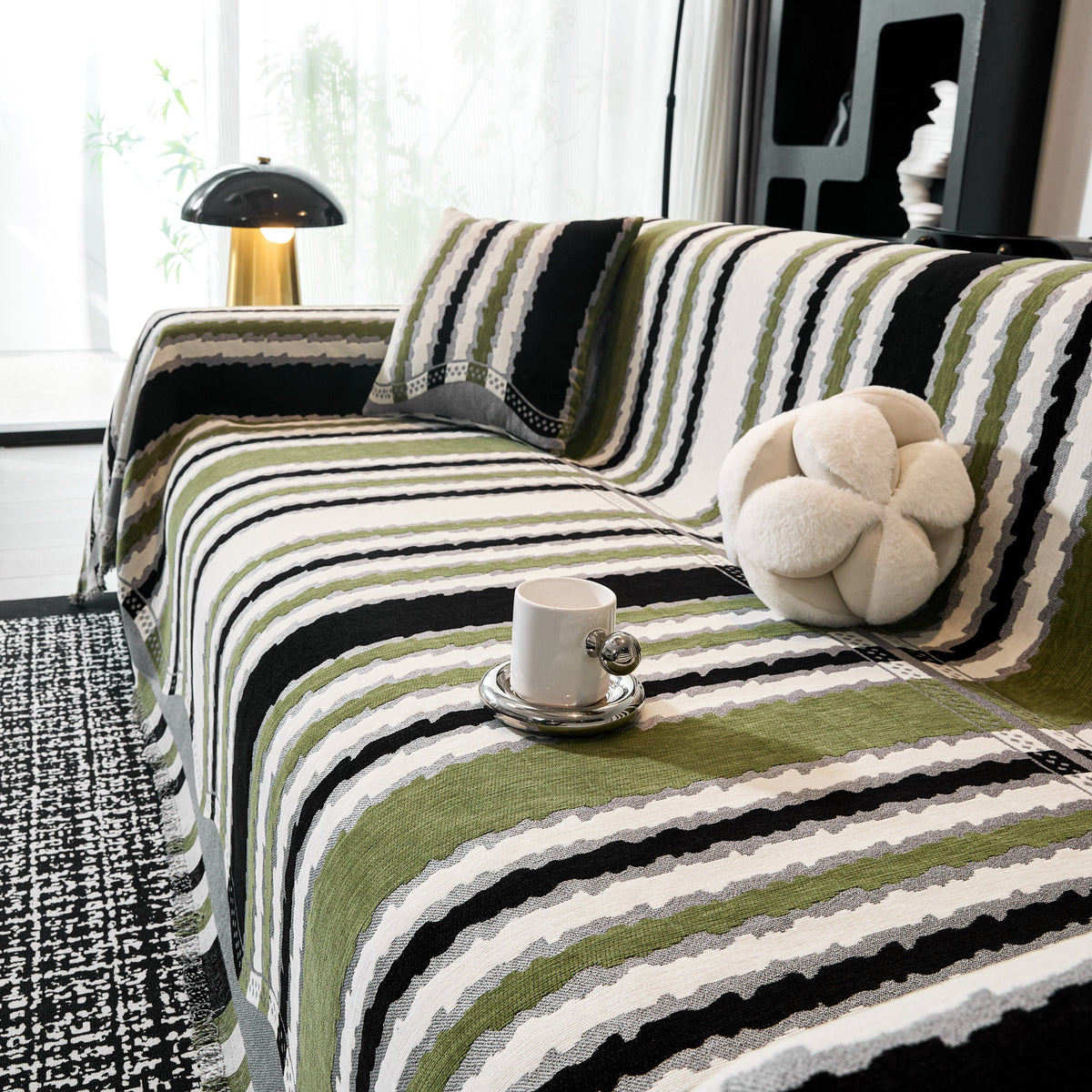 Striped Chenille Sofa Throw Covers, Boho Style Cozy Couch Protector Blanket