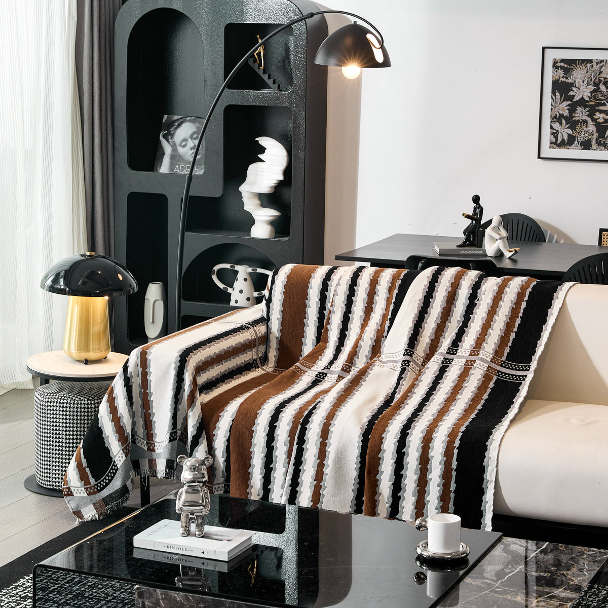 Striped Chenille Sofa Throw Covers, Boho Style Cozy Couch Protector Blanket
