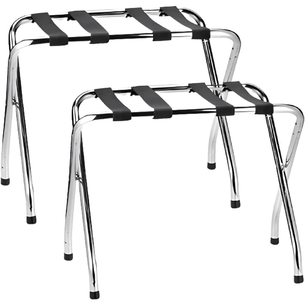 Foldable X-Shape Single-Tier Luggage Rack with Nylon Straps, Chrome Finish