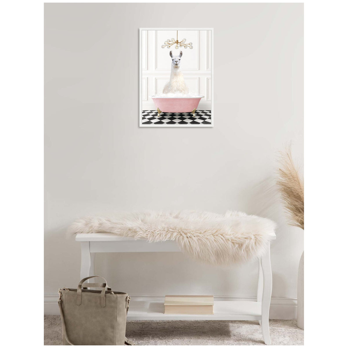 Sylvie Llama in Pink Bathtub on Checker Floor Framed Canvas by Amy Peterson