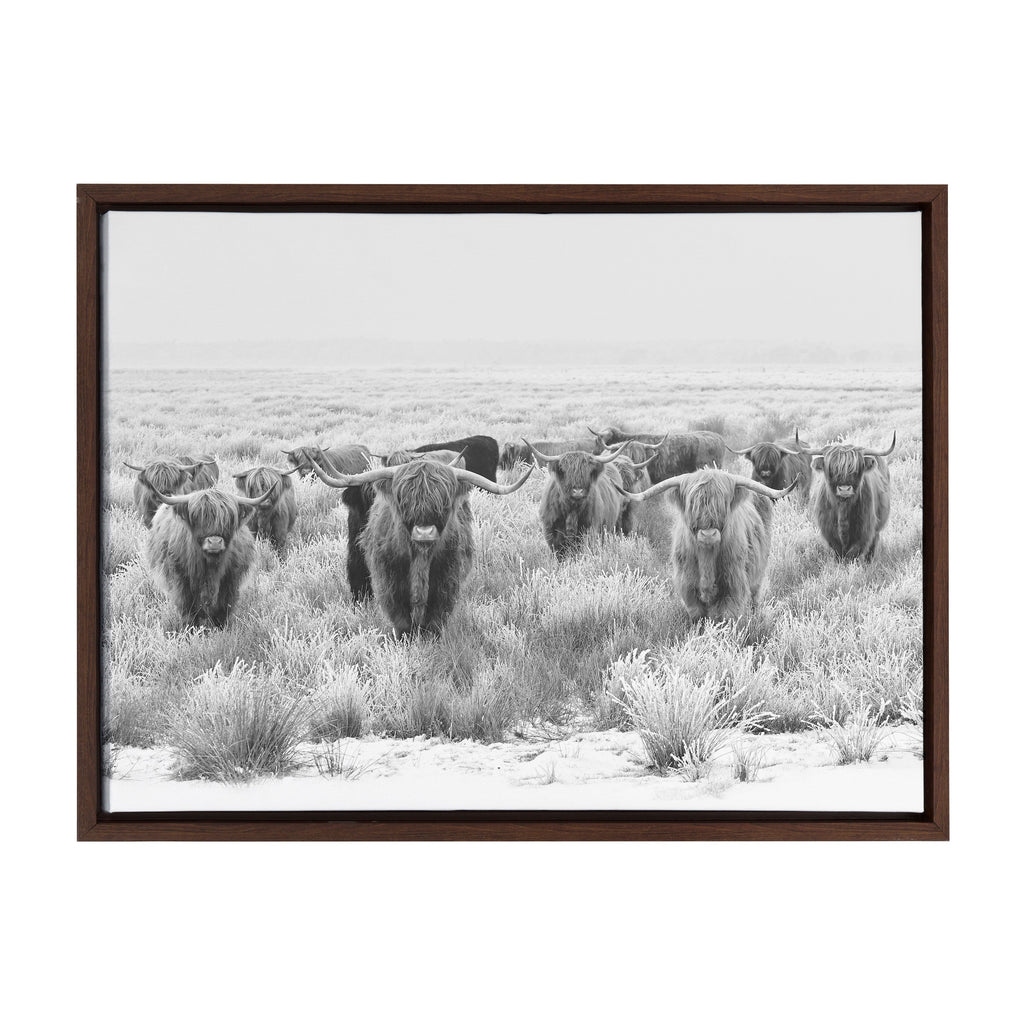 Sylvie Herd of Highland Cows Black and White Framed Canvas by The Creative Bunch Studio