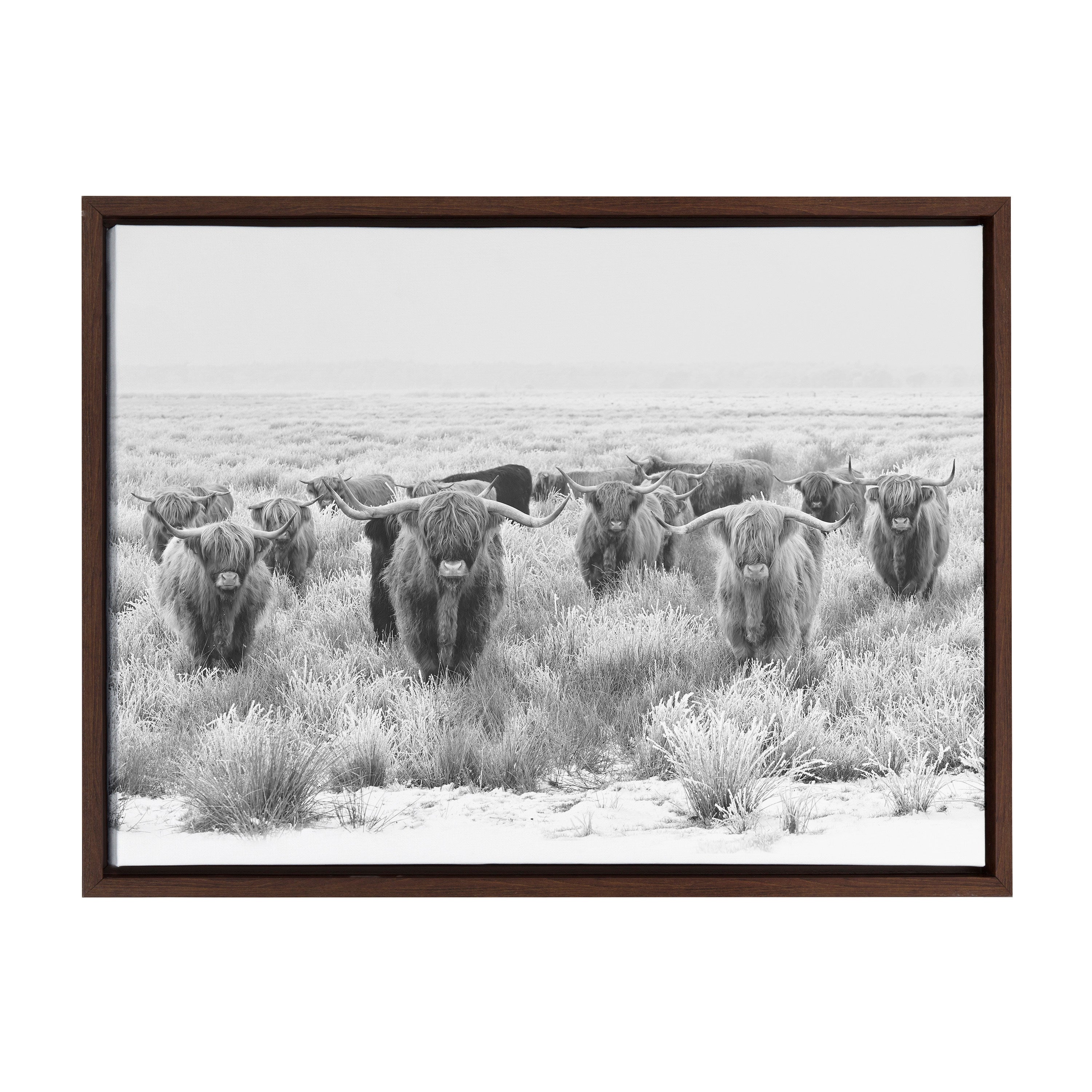 Sylvie Herd of Highland Cows Black and White Framed Canvas by The Creative Bunch Studio