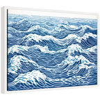 Sylvie Linocut Abstract Waves Blue and White Framed Canvas by The Creative Bunch Studio