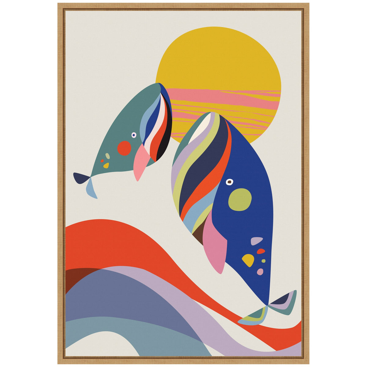 Sylvie Retro Coastal Mom and Baby Whales Framed Canvas by Rachel Lee