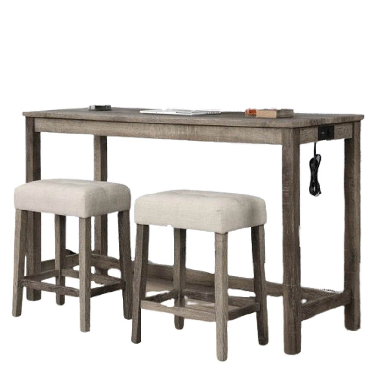 3 Piece Counter Bar Dining Set Table With Electric Outlet And 2 USB Ports, Tufted Upholstered Stools - Brown / Beige