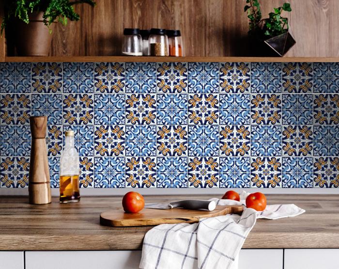 6 X 6 Blue White Golden Peel and Stick Tiles