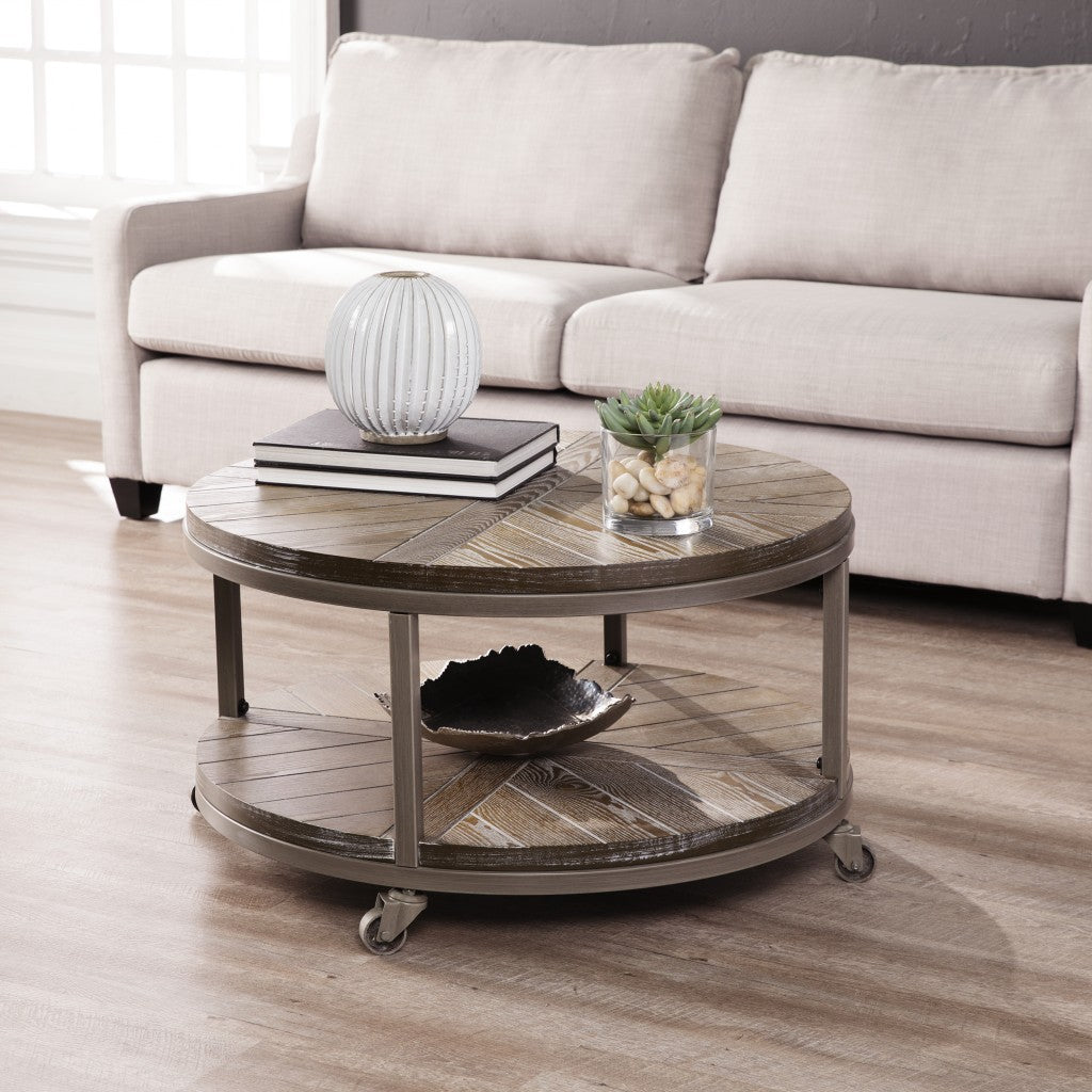 32 Brown Rustic and Distressed Round Two Tier Rolling Coffee Table