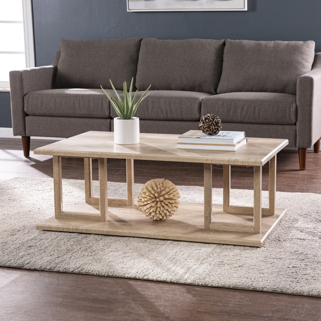 42 Natural Light Brown Wood Two Tier Rectangular Coffee Table