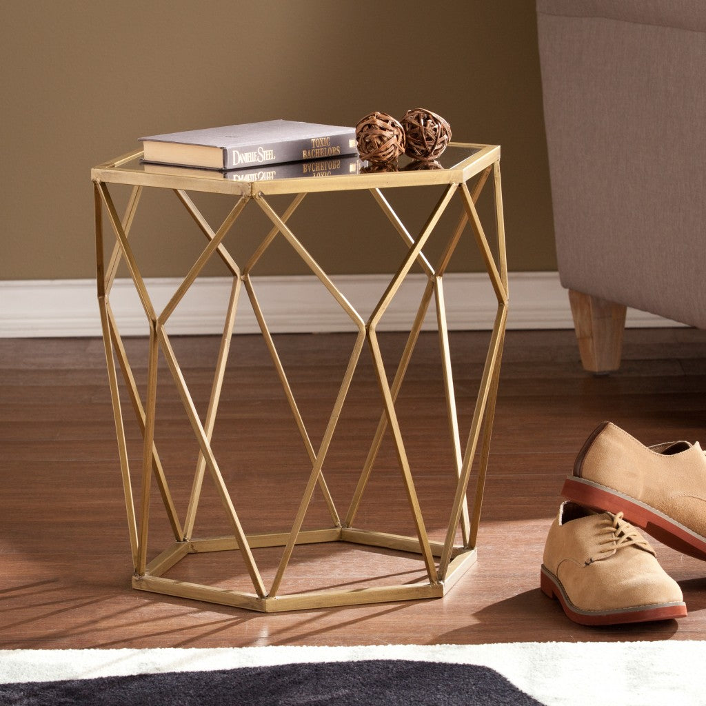 19 Gold And Reflective Glass Hexagon Mirrored End Table