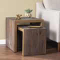 Set Of Two 19 Gray Solid Wood and Gold Chunky Nested End Tables