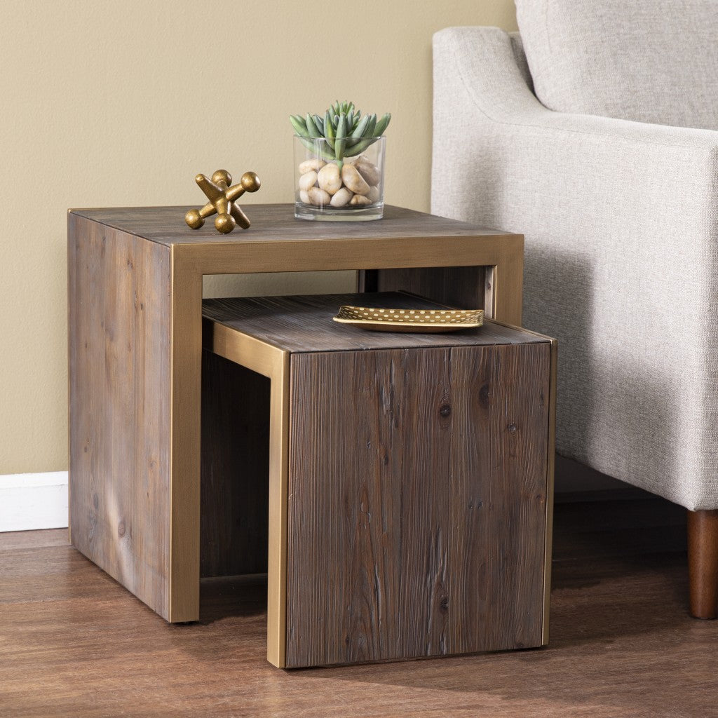 Set Of Two 19 Gray Solid Wood and Gold Chunky Nested End Tables