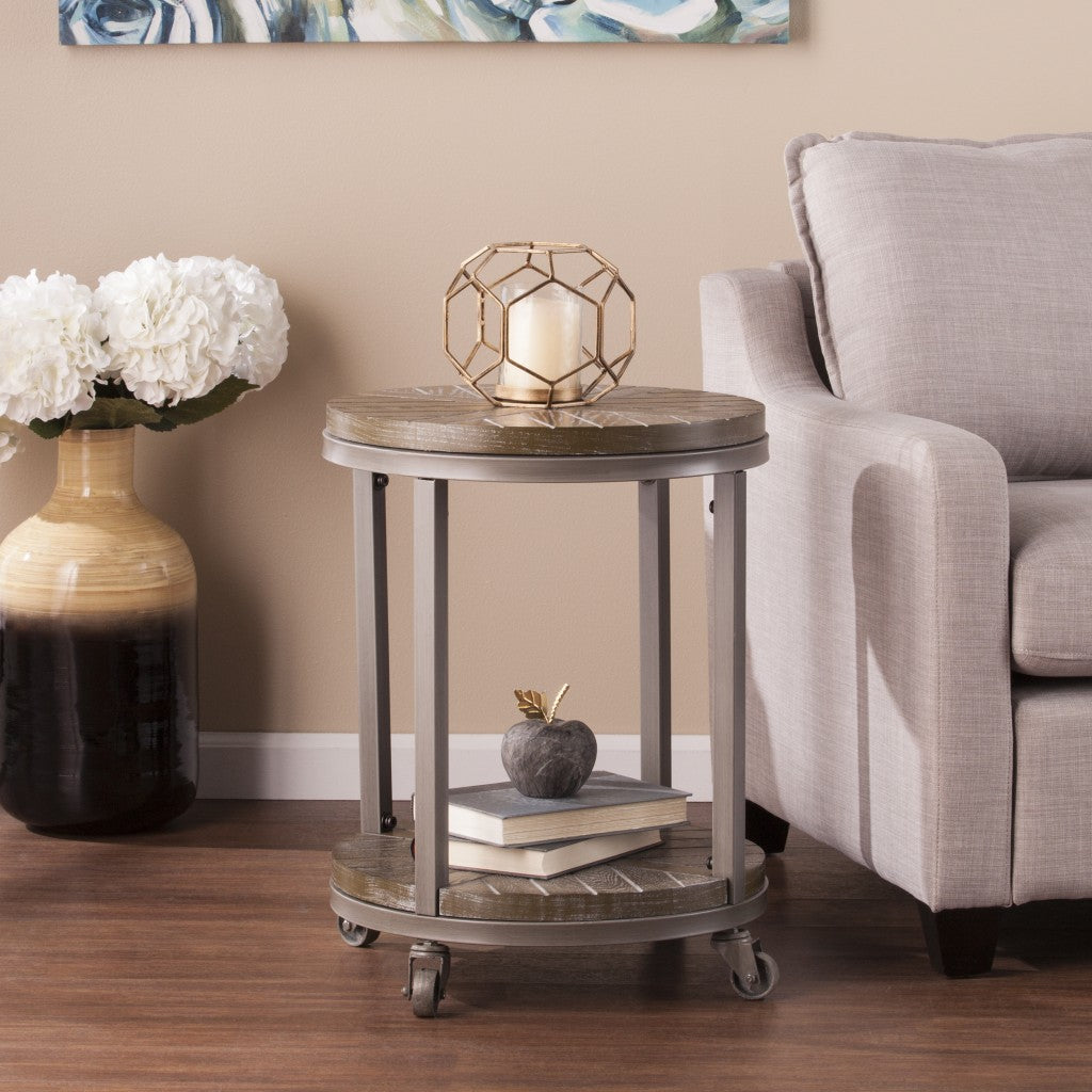 24 Brown Manufactured Wood And Iron Round End Table With Shelf