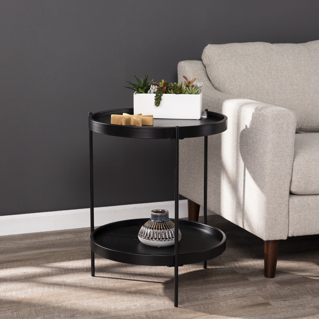 24 Black Manufactured Wood And Iron Round End Table With Shelf