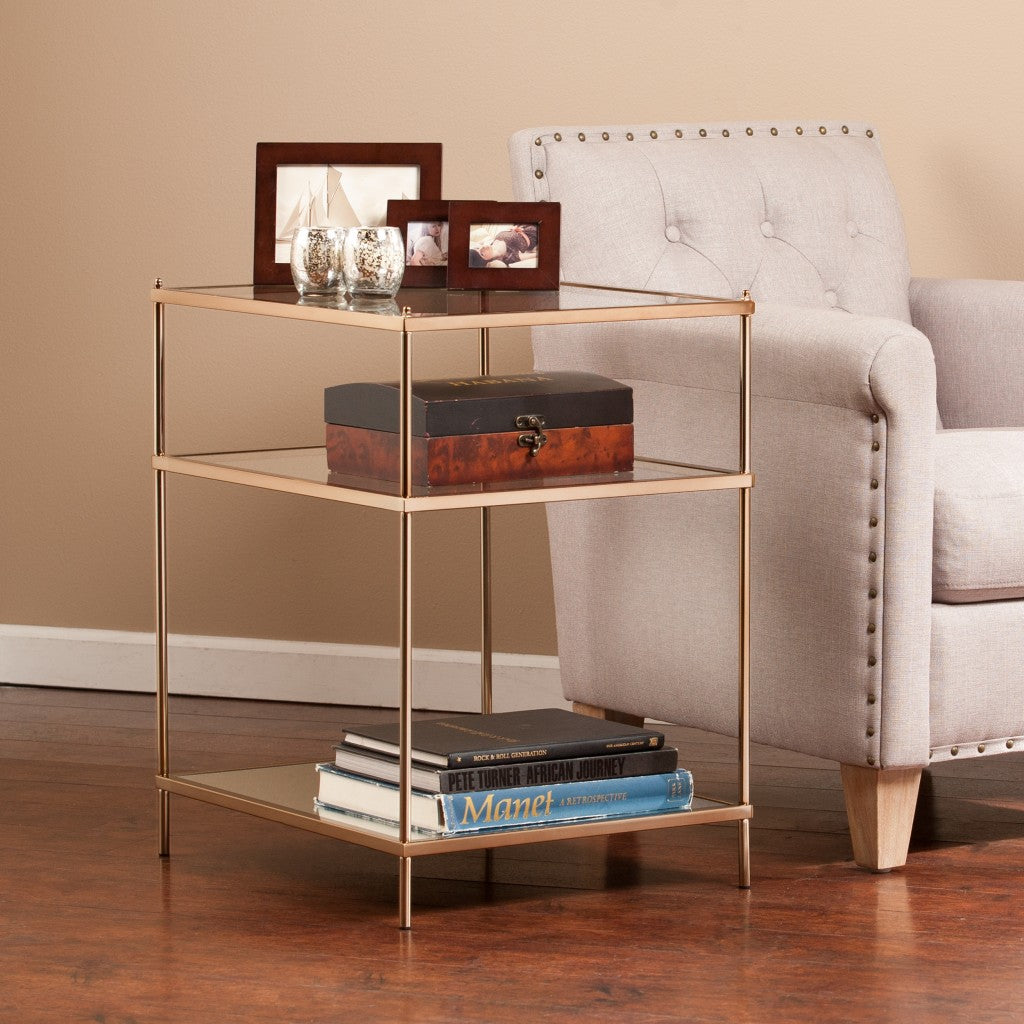 27 Gold Glass And Iron Square Mirrored End Table With Shelf