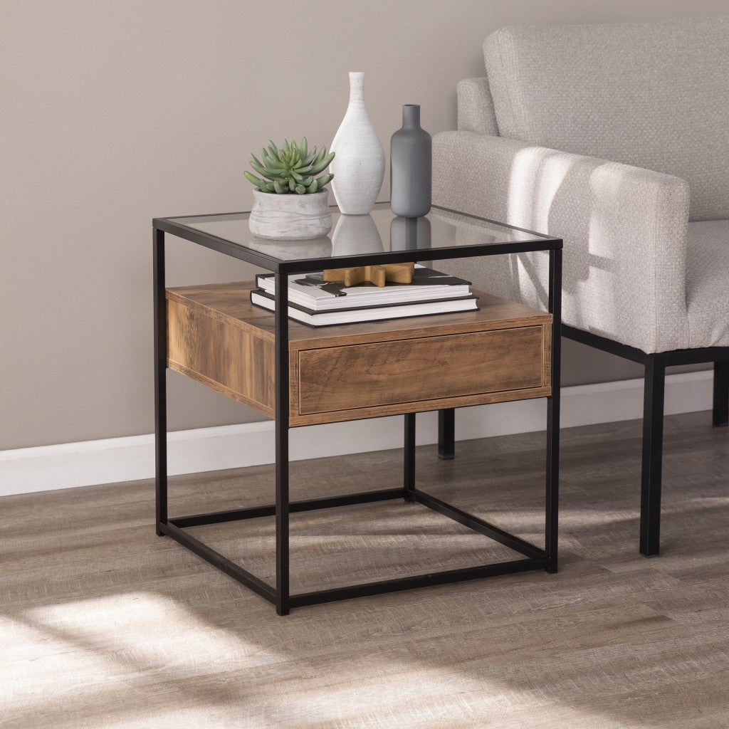 22 Black Glass And Iron Square End Table With Drawer With Shelf