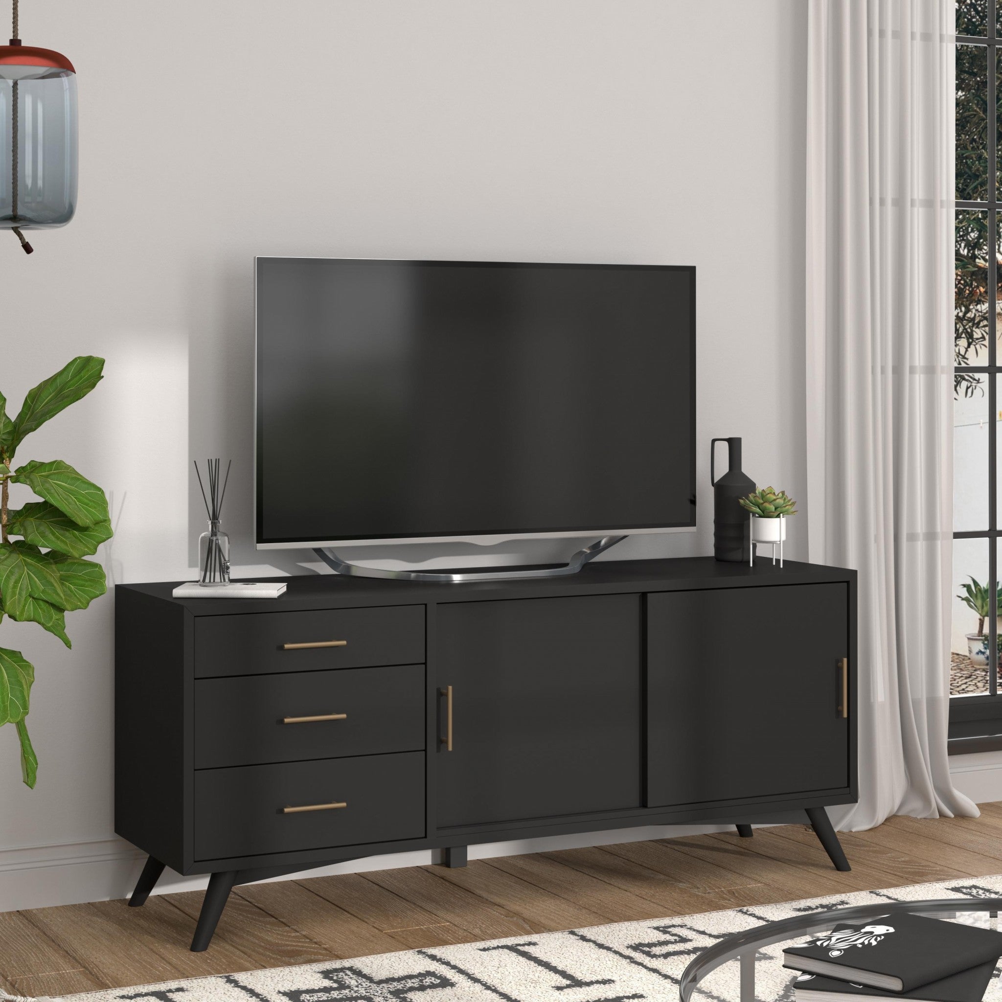 Flair 64 Black Mid Century Mod TV Console