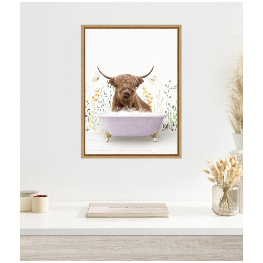 Sylvie Highland Cow in Spring Bathtub Framed Canvas by Amy Peterson