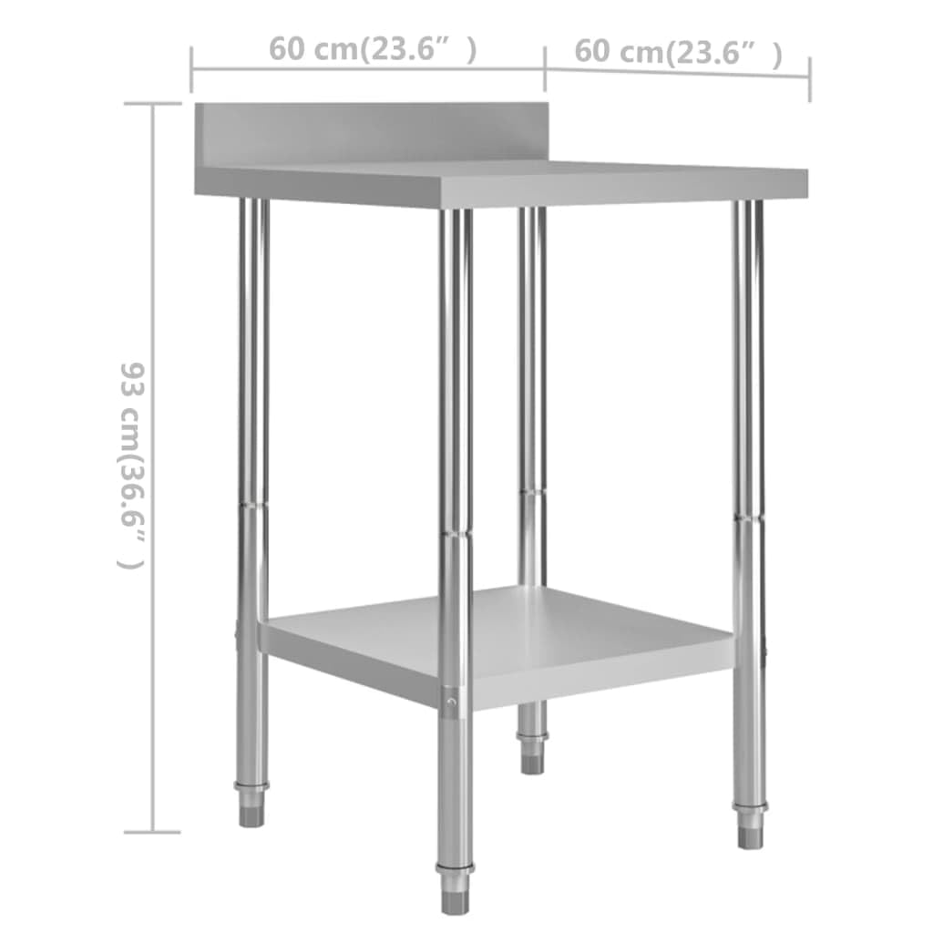 vidaXL Commercial Stainless Steel Kitchen Work Table with Backsplash and Adjustable Feet - 23.6" x 23.6" x 36.6" – Silver