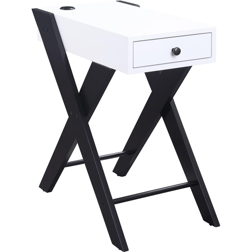Acme Fierce Wooden Side Table with USB Charging Dock in White and Black