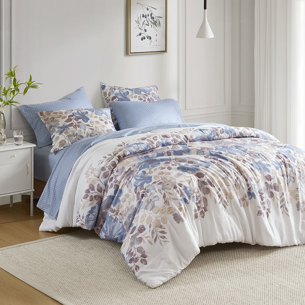 Luna Floral Comforter Set with Bed Sheets, Blue color