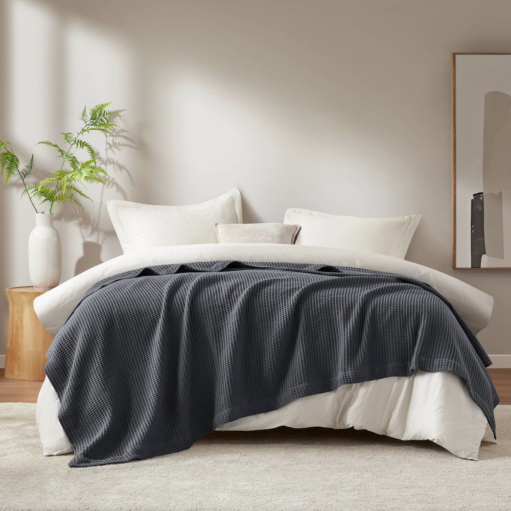 Waffle Weave Cotton Blanket, Dark Grey color